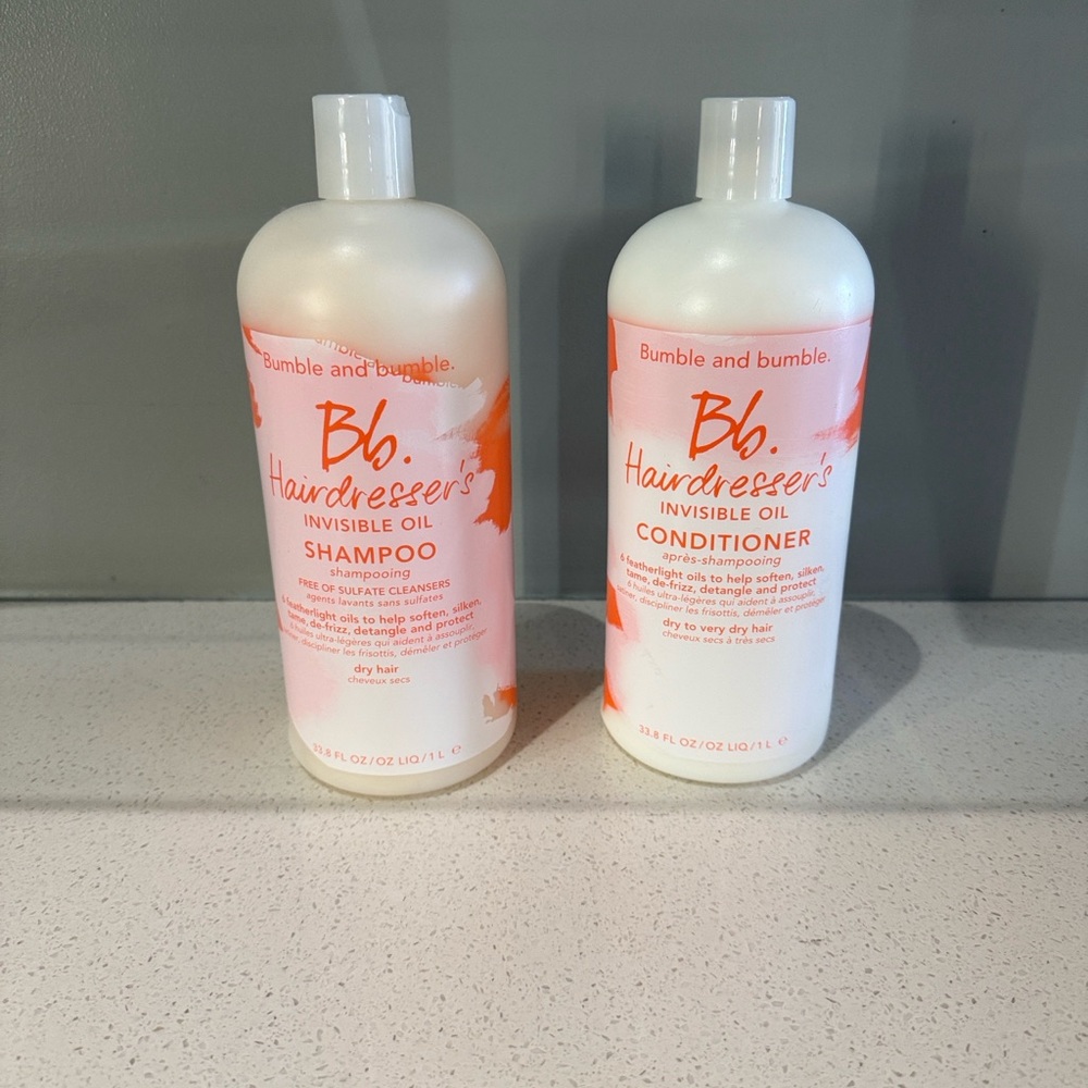 Bumble and bumble, hairdressers invisible oil, shampoo, and conditioner.
